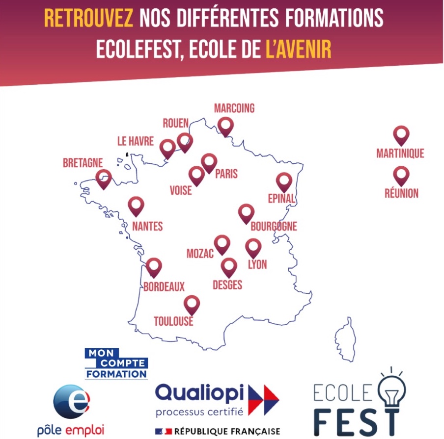 Carte des formations ECOLEFEST en France, Martinique et Réunion